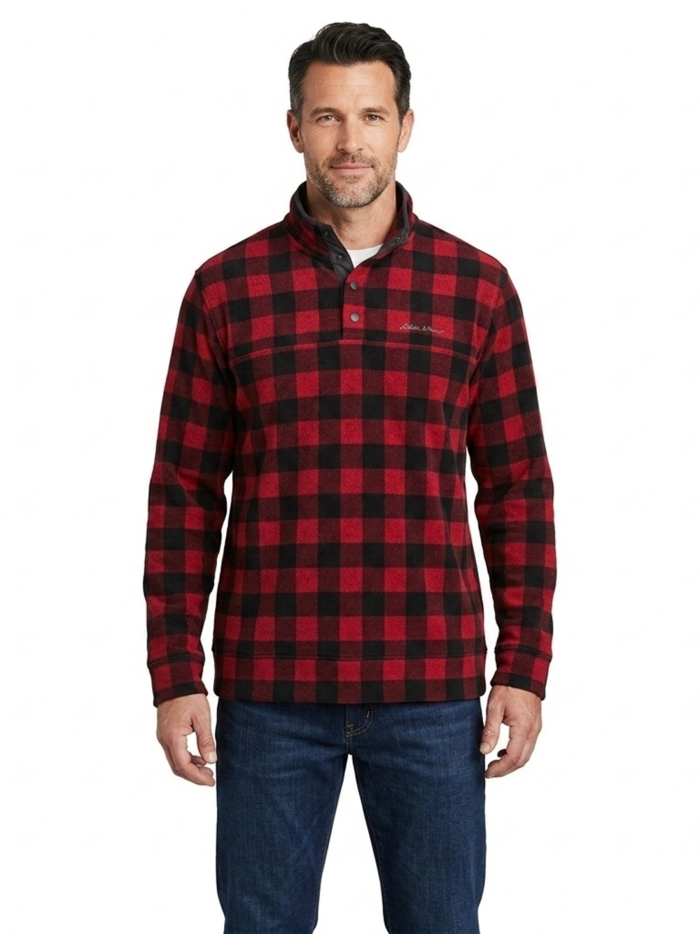 Eddie Bauer Buffalo Plaid Snap Mock Neck Pullover Men's 2XL Red Black Fleece